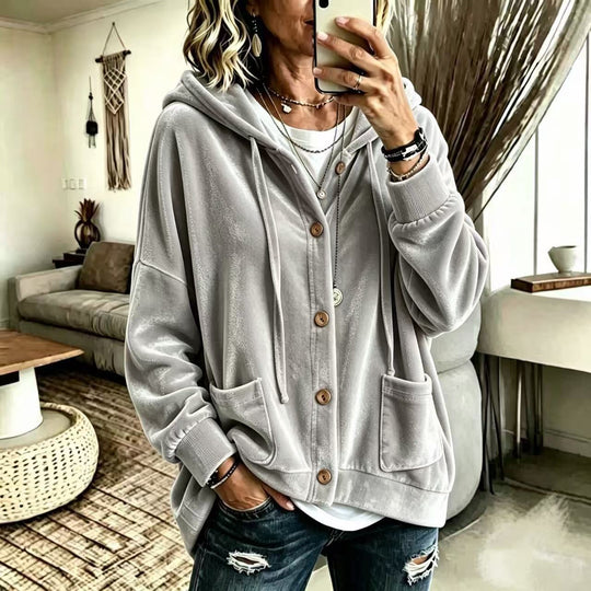 Damen Oversize Kapuzen-Samtjacke mit Knopfleiste und aufgesetzten Taschen Nord Taschen