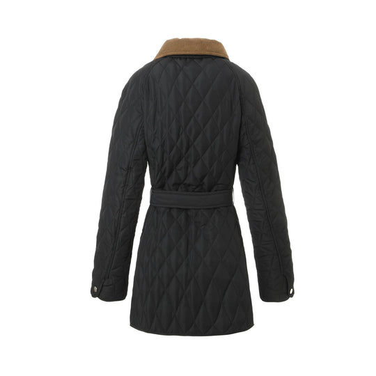 Damen Lange Steppjacke-Mantel mit tailliertem Gürtel und Kontrast-Cordkragen Nord Taschen