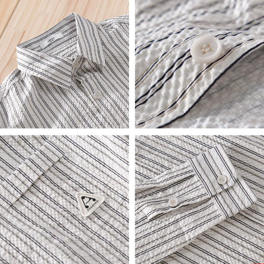 Herren Leichtes gestreiftes Baumwoll‑Leinen Layering‑Overshirt mit Kentkragen, Brusttasche und Crinkle‑Struktur Nord Taschen