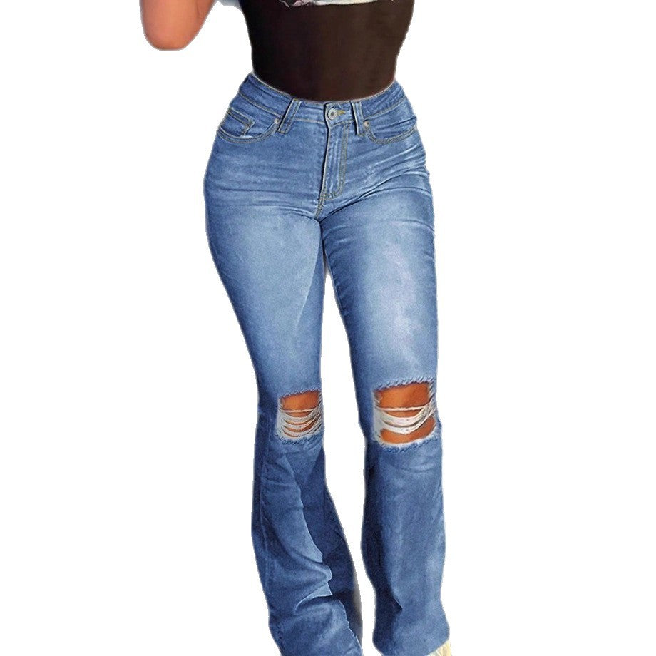 Damen Hochtaillierte Flared-Jeans im Retro-Schnitt mit Knie-Rip und verlängertem Saum Nord Taschen