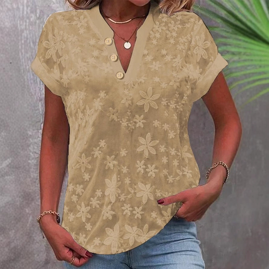 Damen Bluse mit floralem Stickmuster und klassischem V-Ausschnitt