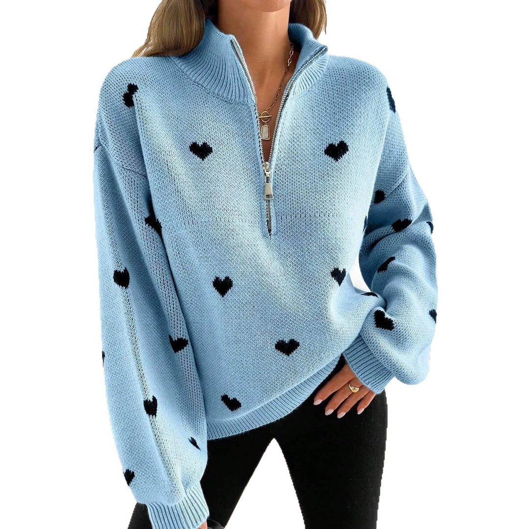 Damen Oversize Strickpullover mit Half-Zip und Herzmotiv Nord Taschen