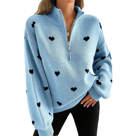 Damen Oversize Strickpullover mit Half-Zip und Herzmotiv Nord Taschen