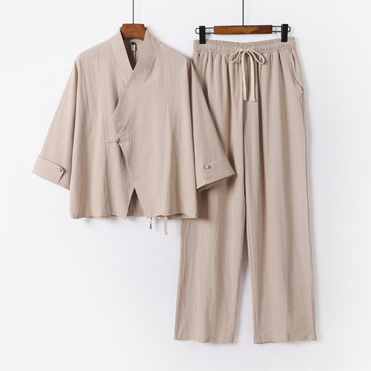 Unisex Leichtes Zen-Lounge-Set im Kimono-Stil mit überschnittener Schulter verdeckter Knotenleiste und elastischer Tunnelzughose Nord Taschen