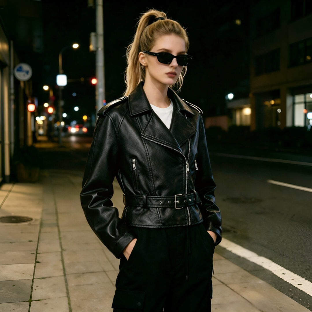 Damen Kurzjacke im Bikerstil aus weichem Kunstleder mit asymmetrischem Reißverschluss und Taillengürtel Nord Taschen