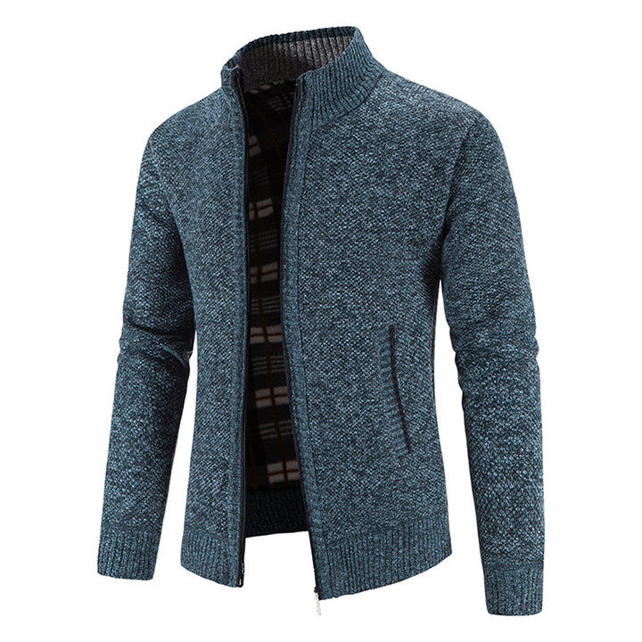 Herren Strickjacke mit durchgehendem Reißverschluss, Stehkragen und kariertem Futter Nord Taschen