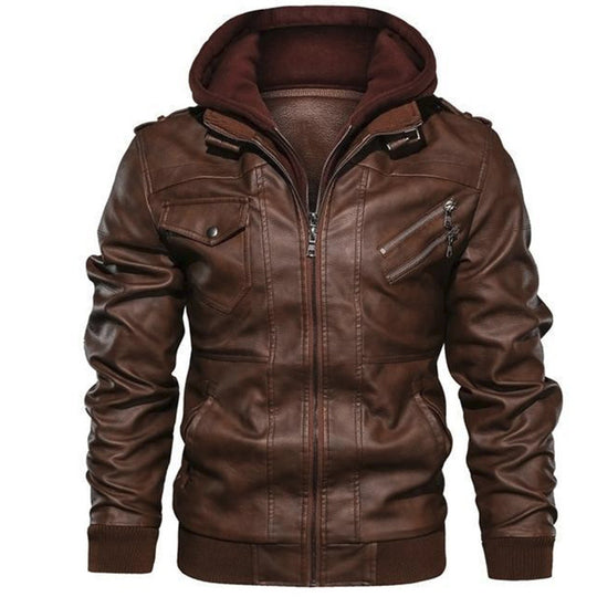 Herren Kapuzen-Lederimitatjacke im Bikerstil mit Reißverschlusstaschen und gerippten Bündchen Nord Taschen