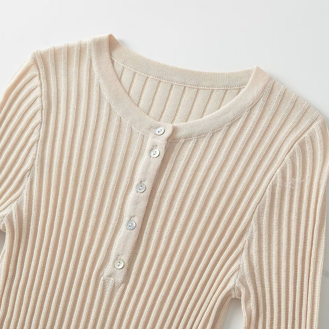 Damen Figurbetontes geripptes Langarm-Feinstrickshirt mit Henley-Knopfleiste Nord Taschen