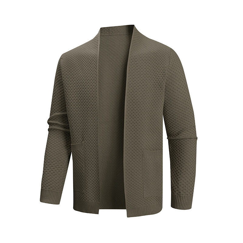 Herren offener Waffelstrick-Cardigan mit Schalkragen, aufgesetzten Taschen und gerippten Bündchen Nord Taschen
