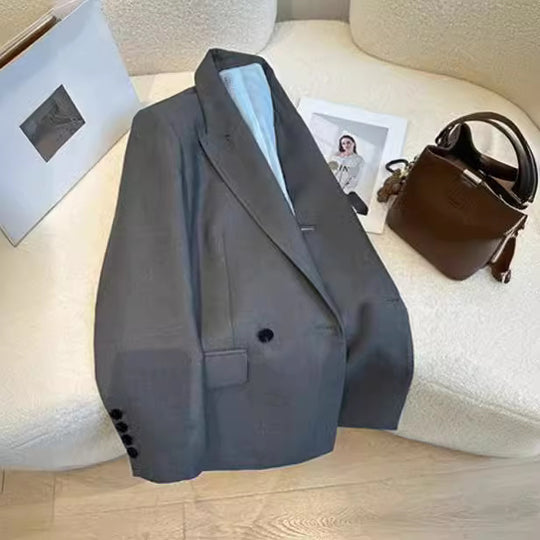 Damen Zweireihiger Oversize-Blazer mit schmalem Revers, Innenfutter & Pattentaschen Nord Taschen