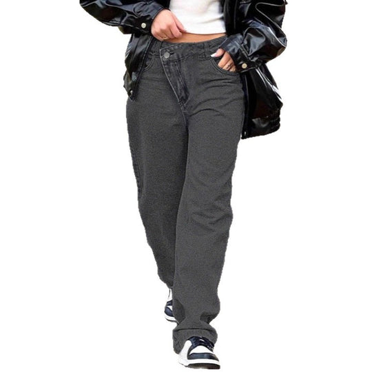 Damen hochgeschnittene locker sitzende Jeans mit weitem Bein und asymmetrischer Knopfleiste Nord Taschen
