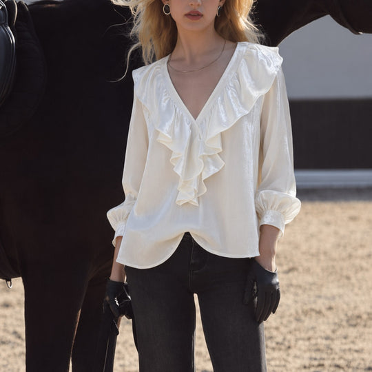 Damen schimmernde V-Neck Rüschenbluse mit Ballonärmeln und elastischen Bündchen Nord Taschen