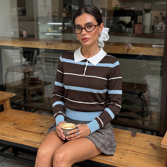 Damen Slim-Fit Polo-Strickpullover mit Retro-Streifen und kontrastierendem Hemdkragen Nord Taschen