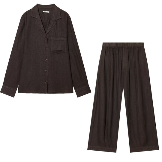 Damen Zweiteiliges Loungewear-Set aus Leinenoptik mit lockerem Pyjama‑Hemd und weiter Palazzo‑Hose Nord Taschen