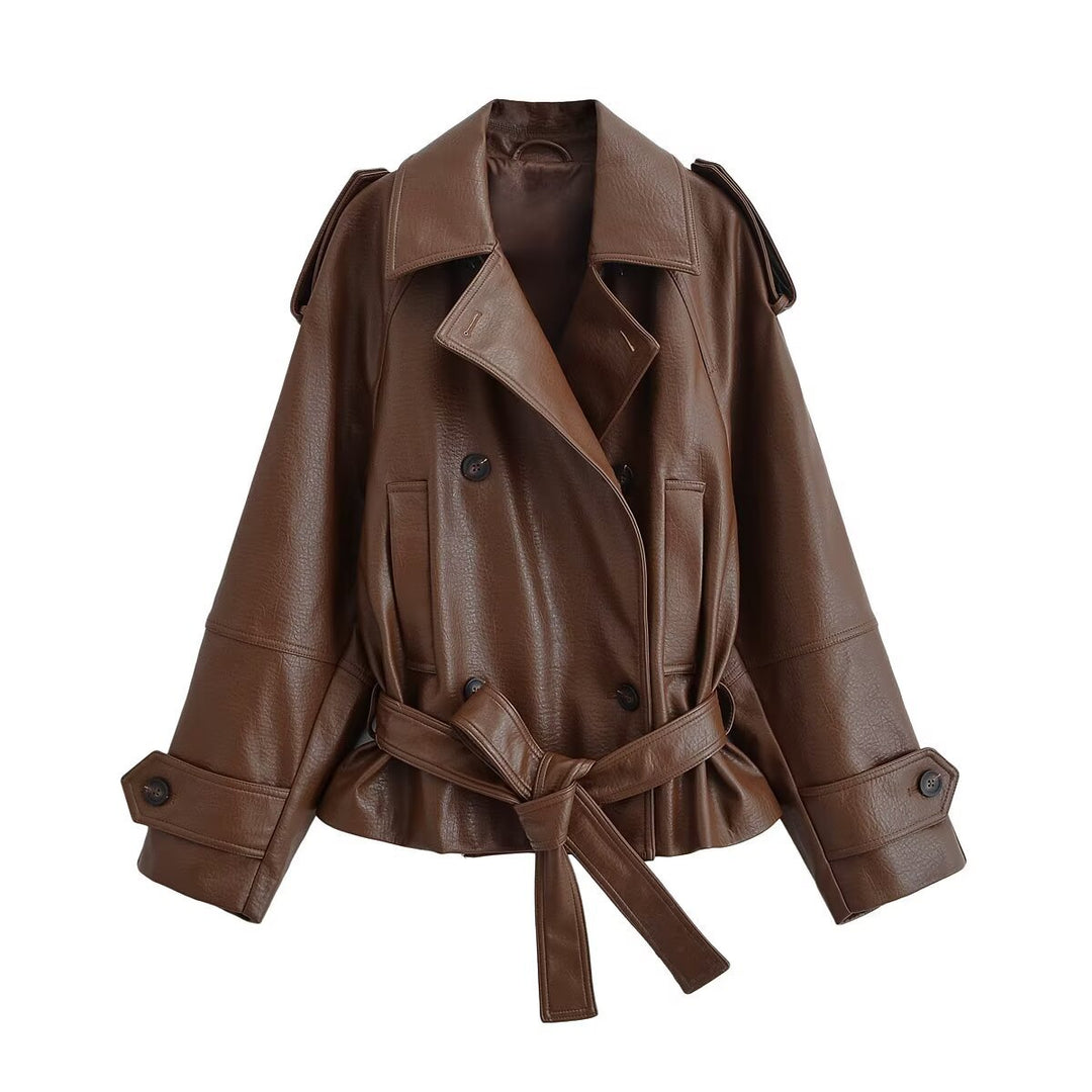 Damen Kurz geschnittener Kunstleder-Trenchcoat mit Bindegürtel und doppelreihiger Knopfleiste Nord Taschen