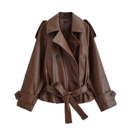 Damen Kurz geschnittener Kunstleder-Trenchcoat mit Bindegürtel und doppelreihiger Knopfleiste Nord Taschen