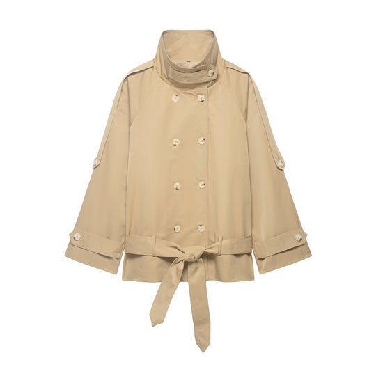 Damen Kurzcape-Trench mit hohem Stehkragen, doppelreihiger Knopfleiste und Bindegürtel Nord Taschen