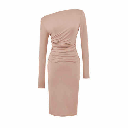 Damen Asymmetrisches Ein-Schulter-Midikleid mit Raffung und Langarm Nord Taschen
