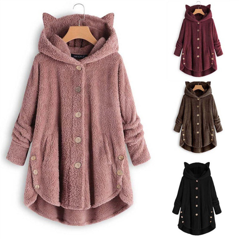 Damen Kapuzen-Teddy-Mantel mit Katzenohren, Knopfleiste und asymmetrischem Saum Nord Taschen