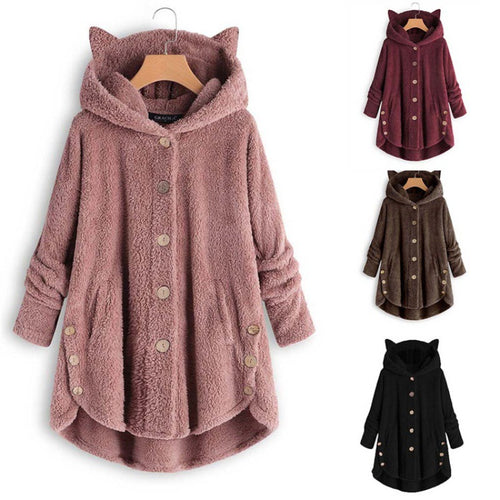 Damen Kapuzen-Teddy-Mantel mit Katzenohren, Knopfleiste und asymmetrischem Saum Nord Taschen