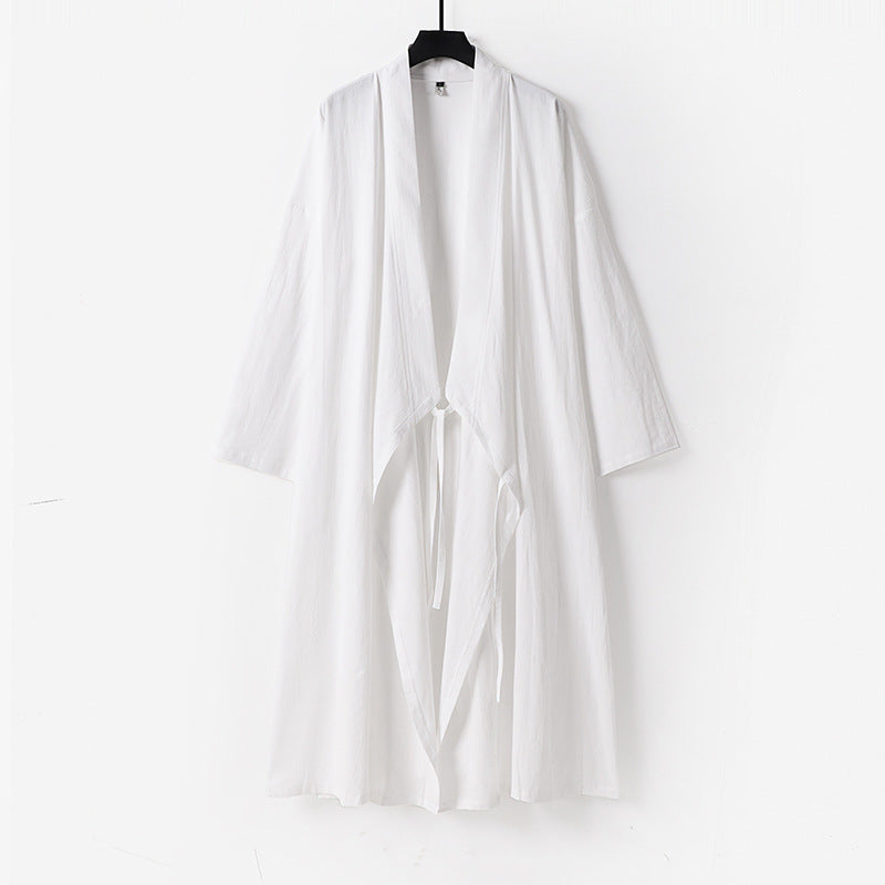 Unisex Langer Kimono-Mantel aus leichtem Baumwollmix mit drapierter Front und Bindeschlaufe Nord Taschen