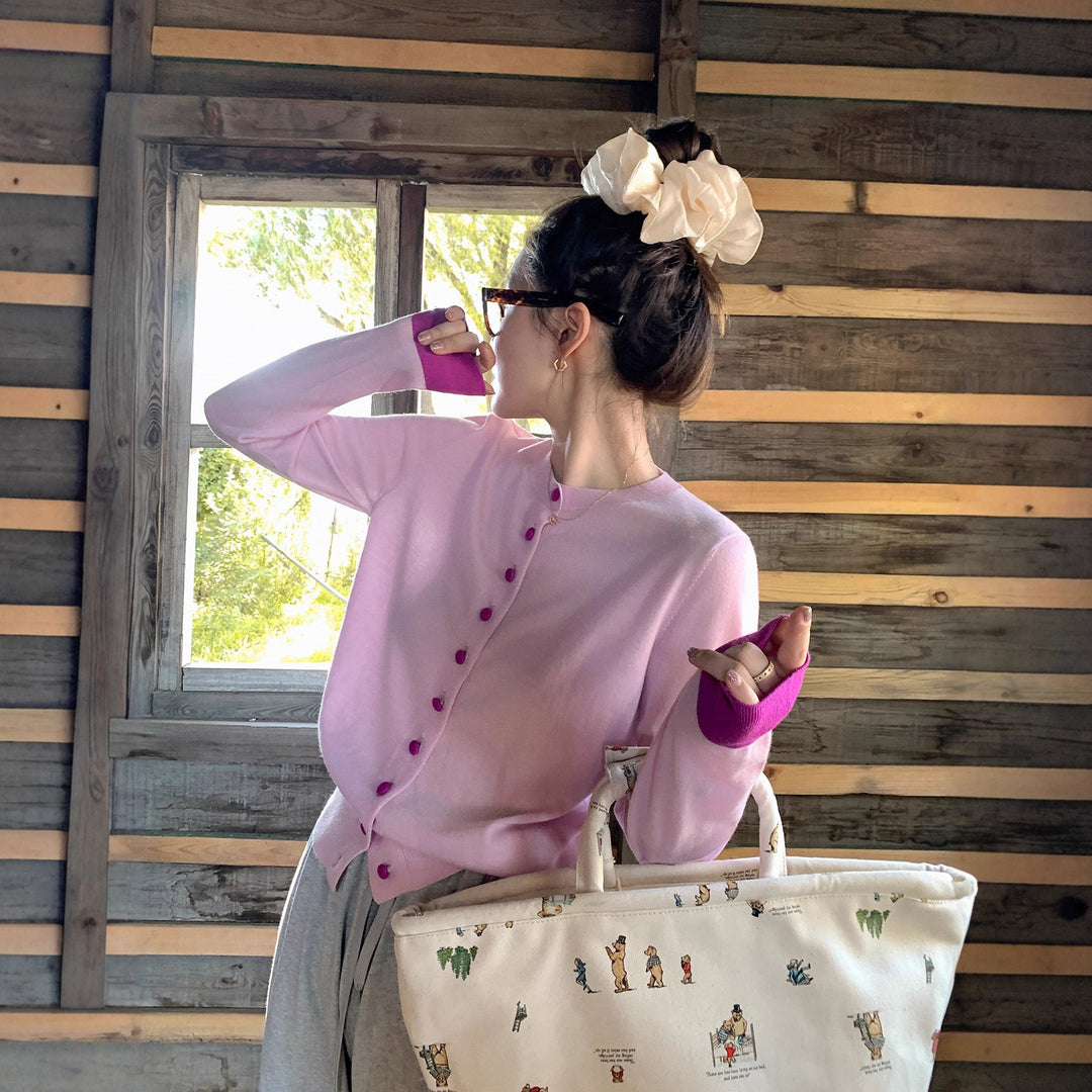 Damen Asymmetrischer Feinstrick-Cardigan mit Kontrastknöpfen und Daumenlochbündchen Nord Taschen