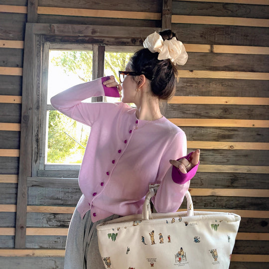 Damen Asymmetrischer Feinstrick-Cardigan mit Kontrastknöpfen und Daumenlochbündchen Nord Taschen