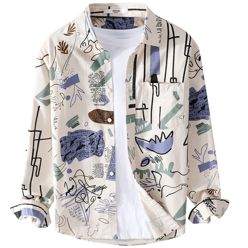 Herren Lockeres Hemdjacken-Overshirt mit abstraktem Skizzenprint, Brusttasche und weichem Baumwollgriff Nord Taschen