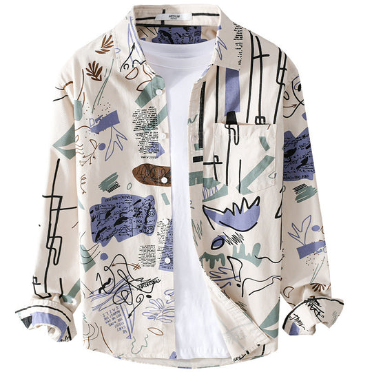 Herren Lockeres Hemdjacken-Overshirt mit abstraktem Skizzenprint, Brusttasche und weichem Baumwollgriff Nord Taschen