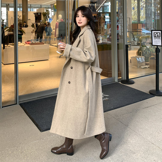 Damen Lang geschnittener Wollmix-Trenchcoat mit Taillenband und kastiger Schulterpartie Nord Taschen