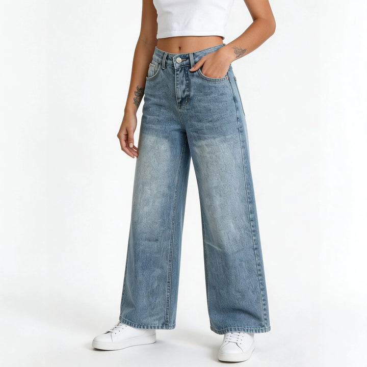 Damen hochgeschnittene Palazzo-Jeans mit extra weitem Bein und taillierendem Schnitt Nord Taschen