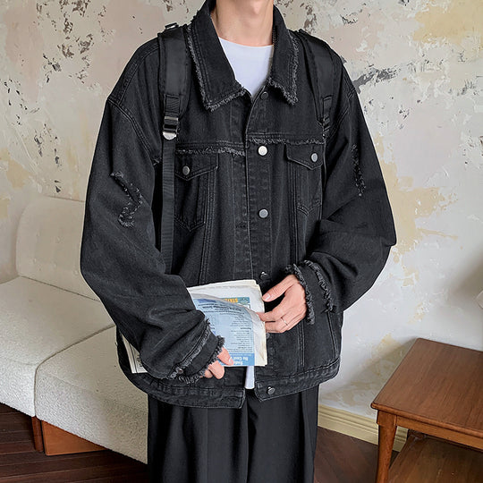 Herren Oversize Jeansjacke mit Used‑Look, ausgefransten Kanten und Druckknöpfen Nord Taschen