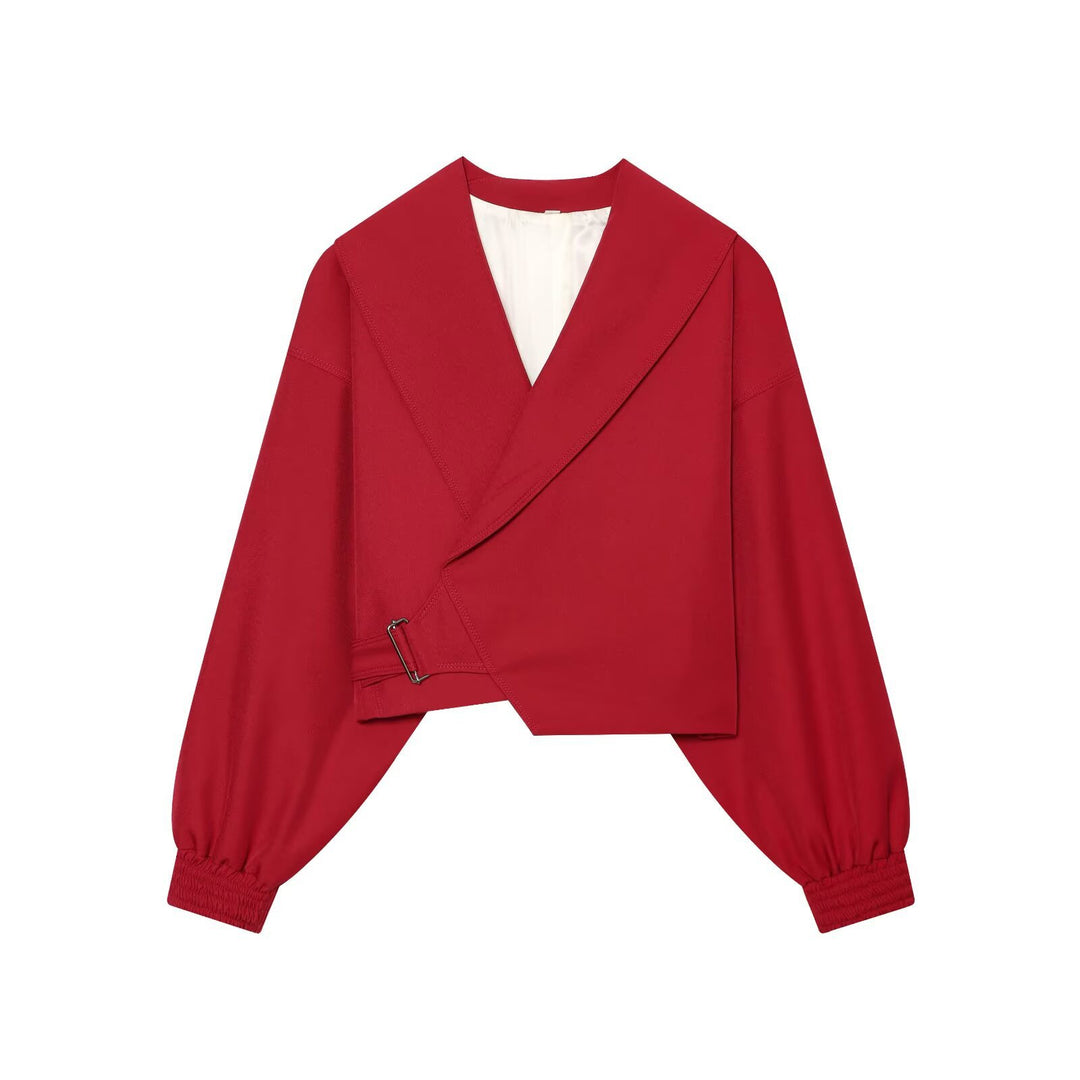 Damen Kurze Wickeljacke mit weitem Schalkragen, taillierendem Schnallenband und Ballonärmeln Nord Taschen