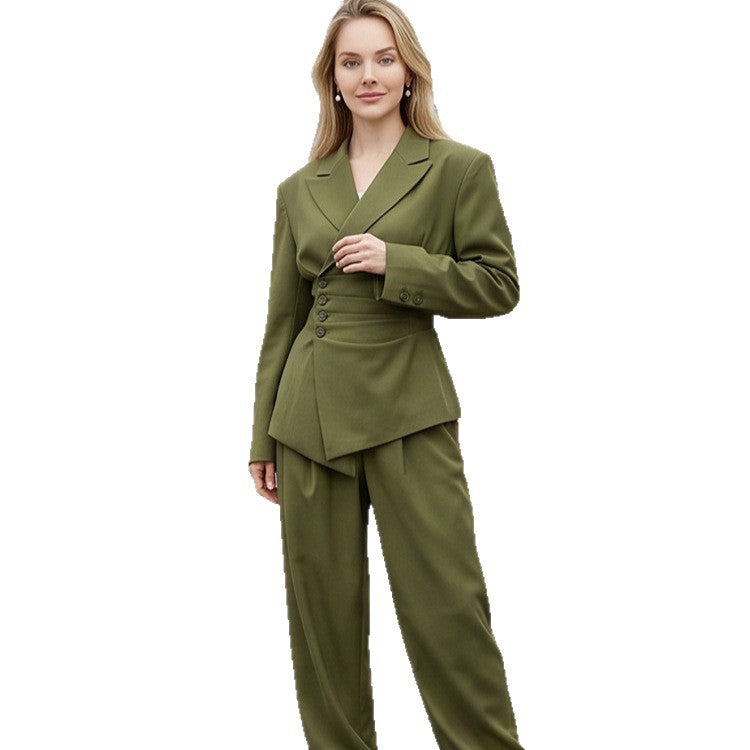 Damen Tailliertes Blazer-Set mit asymmetrischem Knopfverschluss und relaxter Bundfaltenhose Nord Taschen