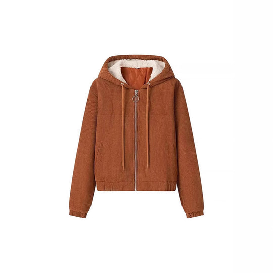 Damen Kurz geschnittene Cordjacke mit Kapuze, Teddyfutter und durchgehendem Reißverschluss Nord Taschen