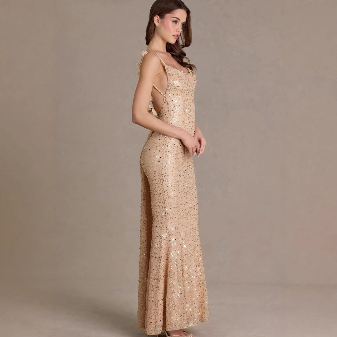 Damen elegantes Pailletten-Maxi-Kleid mit schickem Wasserfallausschnitt und figurbetonter Silhouette Nord Taschen