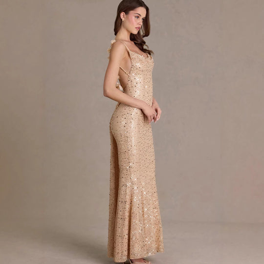 Damen elegantes Pailletten-Maxi-Kleid mit schickem Wasserfallausschnitt und figurbetonter Silhouette Nord Taschen
