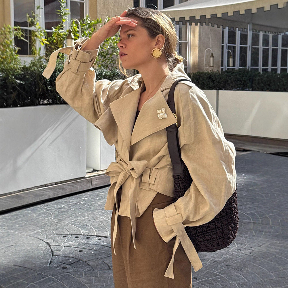 Damen Kurztrench mit Taillen-Knotendetail, Cape-Ärmeln und kastigem Cropped-Schnitt Nord Taschen
