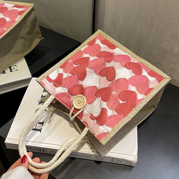Damen Jute Tragetasche mit liebevollem Herzdesign und praktischem Knopfverschluss Nord Taschen