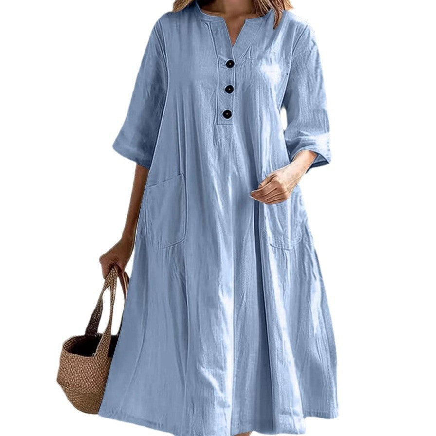 Damen lässiges Leinenkleid mit praktischen Taschen und Knopfdetails