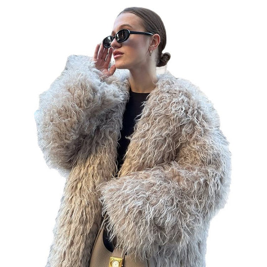Damen Oversize lockiger Kunstpelz-Mantel im Shaggy‑Look Nord Taschen