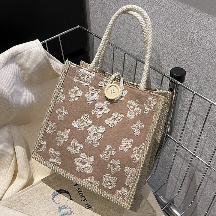 Damen Jute-Tragetasche mit floralem Muster und stabilem Knopfverschluss Nord Taschen