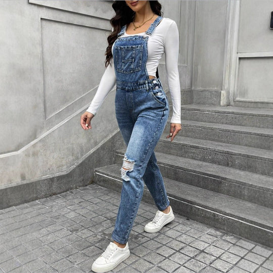 Damen Denim-Latzhose mit sculptendem High-Waist, seitlichen Zierknopfleisten und Ripped-Knieteil Nord Taschen