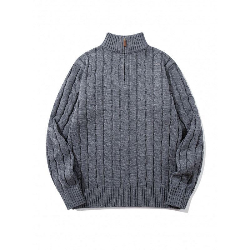 Unisex Grobgestrickter Halbreißverschluss-Zopfmuster-Pullover mit Stehkragen und gerippten Abschlüssen Nord Taschen