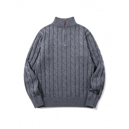 Unisex Grobgestrickter Halbreißverschluss-Zopfmuster-Pullover mit Stehkragen und gerippten Abschlüssen Nord Taschen