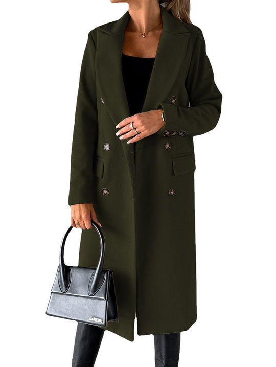 Damen Doppelreihiger Midilanger Wollmantel mit Reverskragen und taillierter Silhouette Nord Taschen
