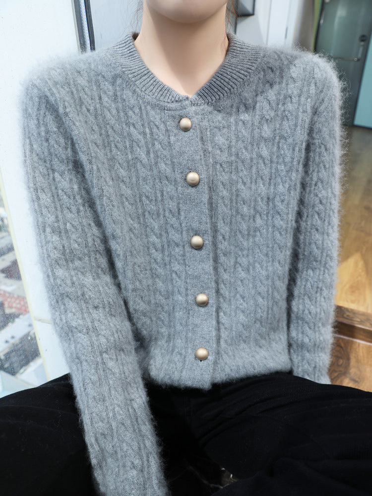 Damen Leichter Zopfstrick-Cardigan in Mohair‑Optik mit dekorativen Perlmuttknöpfen Nord Taschen