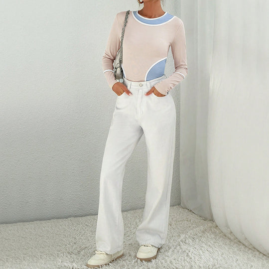 Damen figurbetontes Colorblock-Longsleeve mit Rundhalsausschnitt geschwungener Seitenpaneel‑Optik und feiner Rippstruktur Nord Taschen