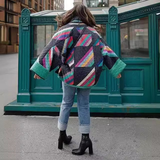 Damen wattierte Kimono-Steppjacke mit Patchwork-Design und weiten Ärmeln Nord Taschen