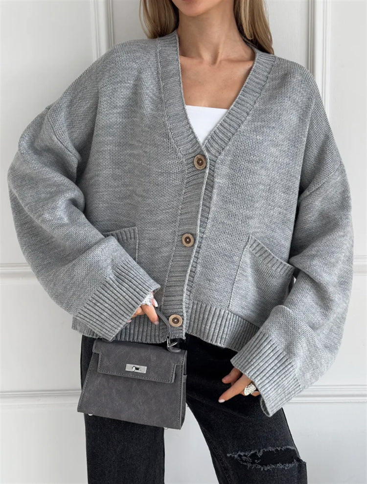Strickjacke Damen lässig mit Knopfverschluss und großen Taschen